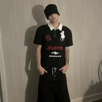 2025 de verano para hombre, camiseta de manga corta con solapa bordada de botones bordados de moda, camisetas de Harajuku Vintage americanas Y2k