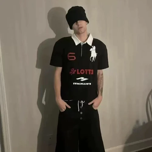 2025 de verano para hombre, camiseta de manga corta con solapa bordada de botones bordados de moda, camisetas de Harajuku Vintage americanas Y2k