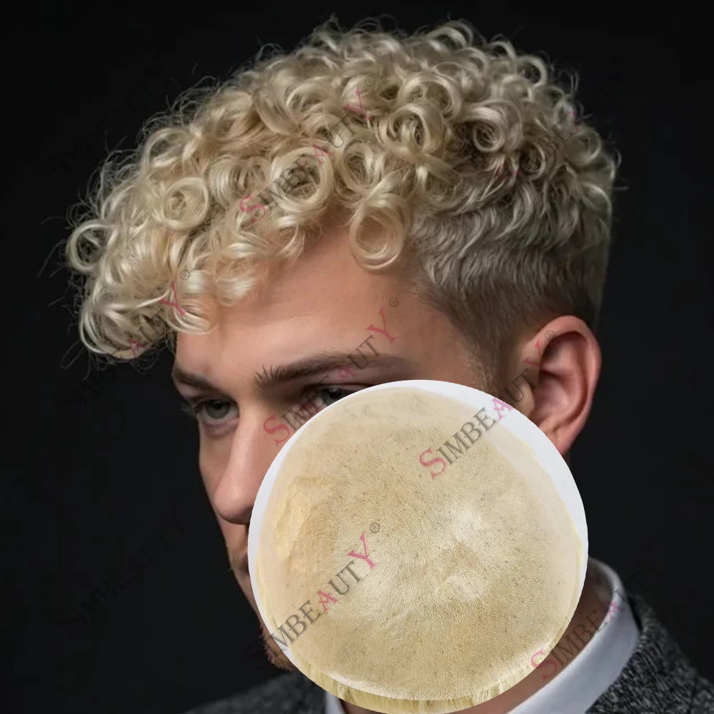 

20mm Curly Light Blonde 613# Thin Skin Toupee Human Hair Natural Hairline Vloop Capillary Prosthesis 0.06mm PU Realistic Men Wig