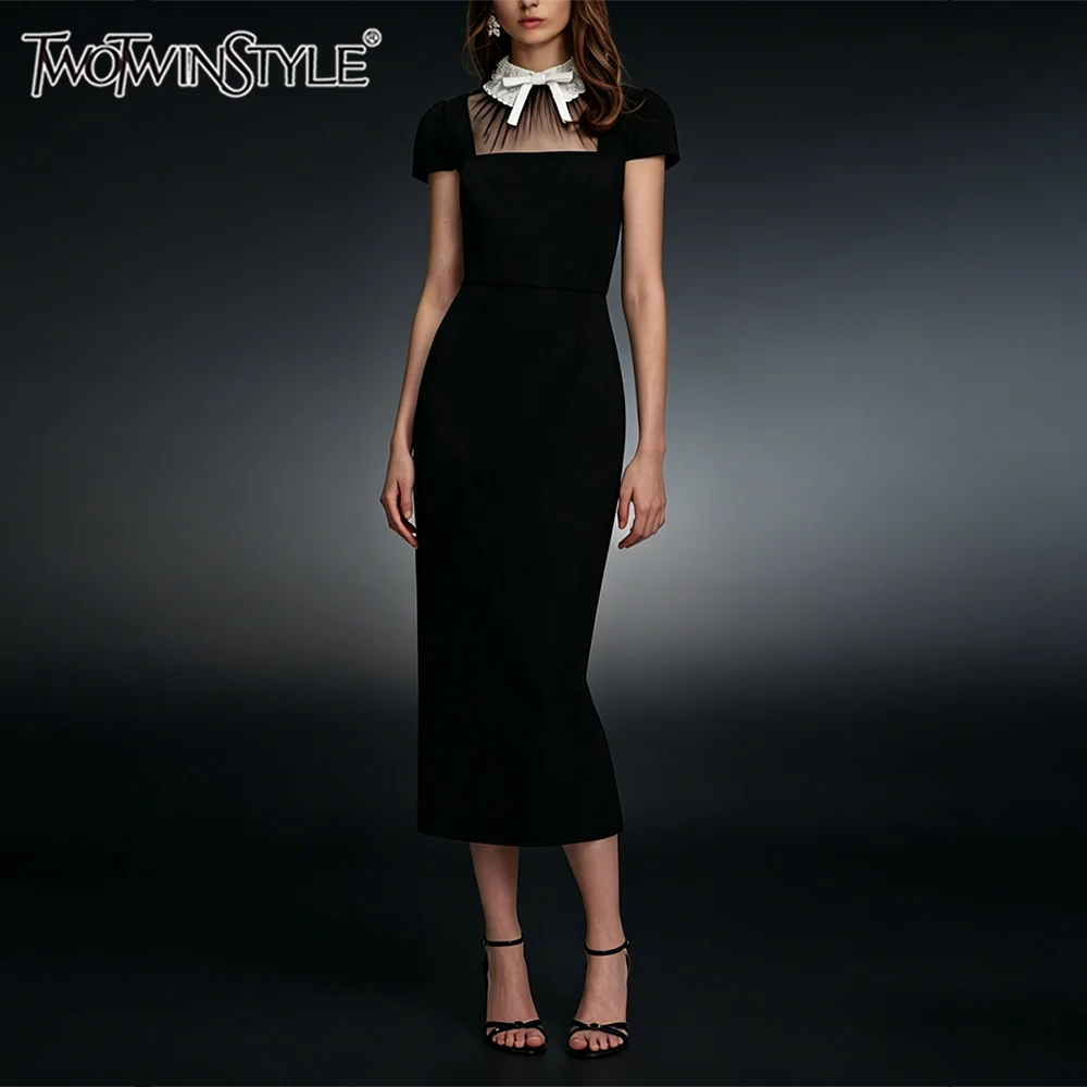 TWOTWINSTYLE Colorblock Slimming Spliced Bow Dress for Women Round Neck Short Sleeves Patchwork Zipper Dresses Female Elegant
