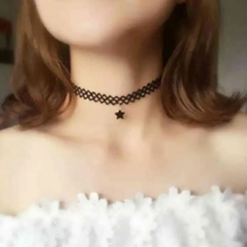 New Hot Sale Punk Lace Hollow Five-pointed Star Choker Necklace Gothic Black Velvet Bijoux Pendants Women Jewelry Clavicle Chain