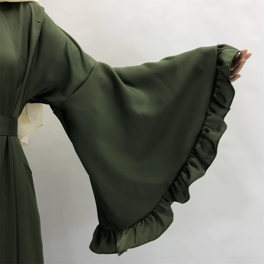 Abaya-Robe maxi fleurie pour femmes musulmanes, vêtements islamiques, manches à volants, fermeture éclair, manchette évasée, modeste, brillant, velours doux, satin grillé, Dubaï