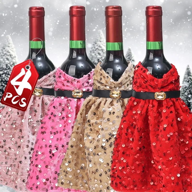 Christmas Wine Bottle Cover Dress Glittering Sequins Wine Bottle Cover Dinner Table Bottle Bag New Year Party Gift Home Decor