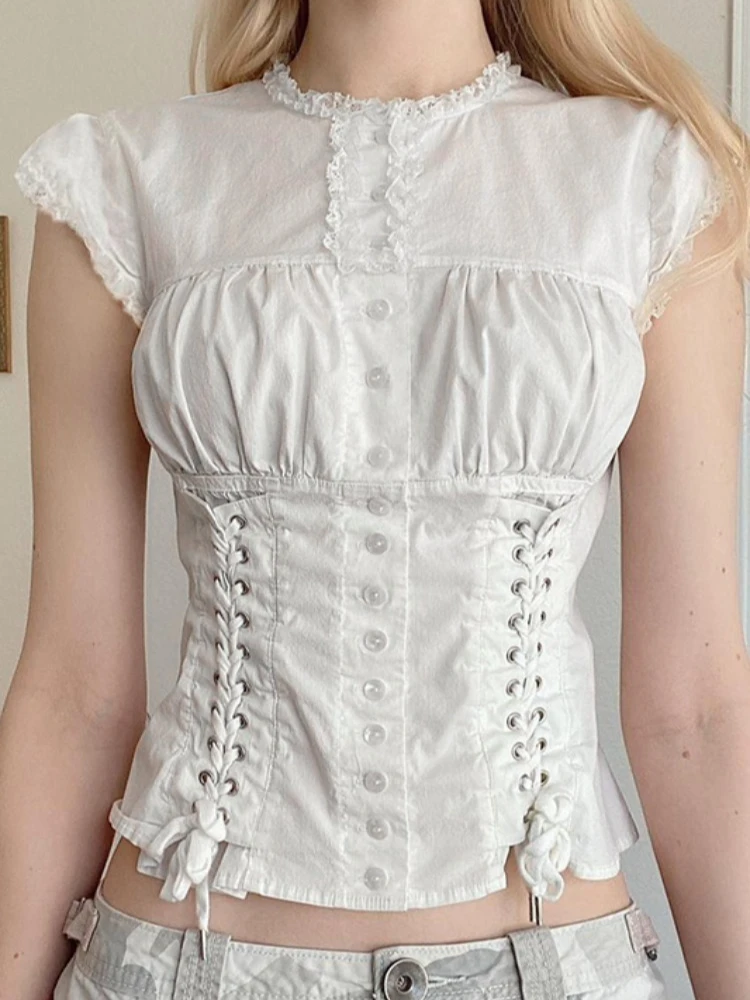 

Elegant Vintage Flying Sleeve White Shirt Women Y2k Lace Up Slim Waist Blusas De Mujer 2025 Summer New Bottoming Blouses