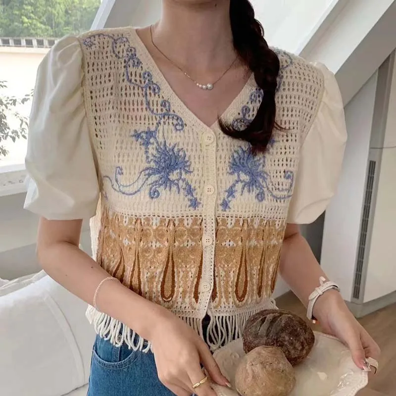 مملة العسل الصيف الخامس الرقبة سليم تصميم تحسس قميص المطرزة الجوف قصيرة الأكمام قميص المرأة موضة جديدة هيم شرابة المرأة #5