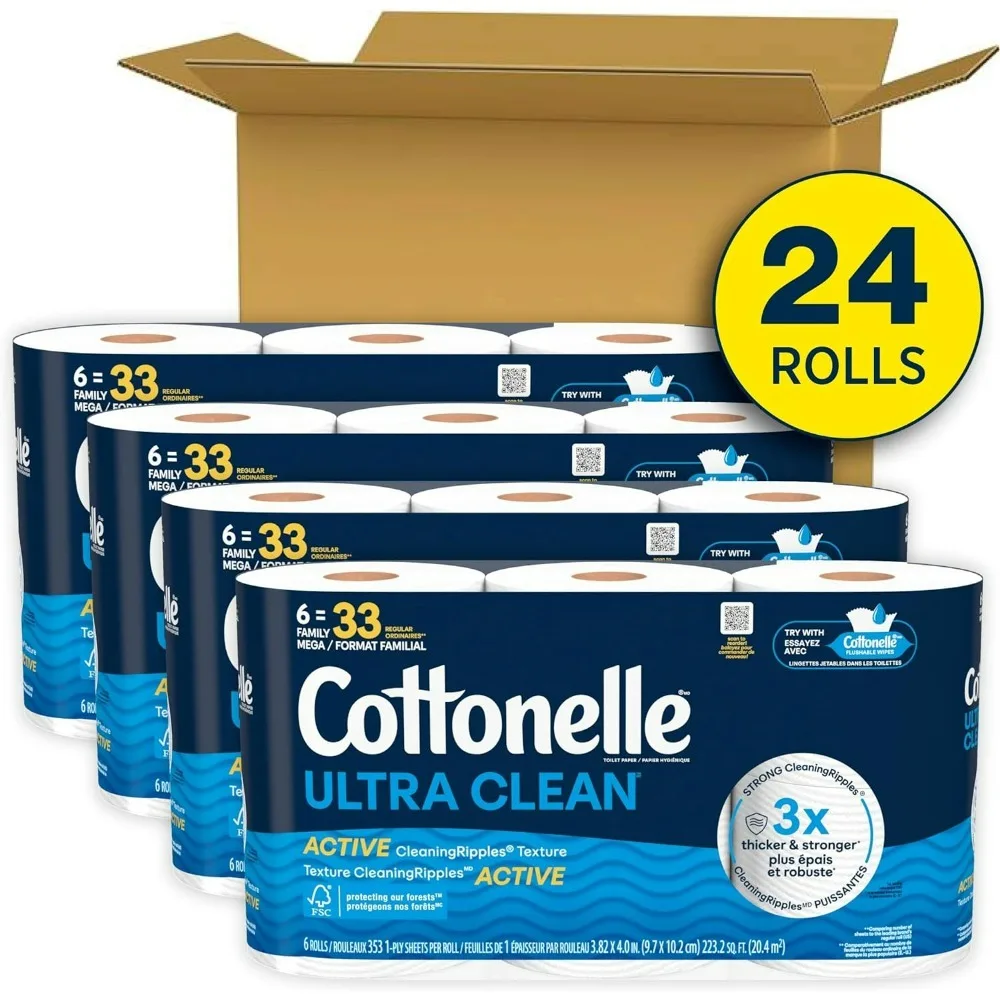 Ultra Clean Toilet Paper with Active CleaningRipples Texture, Strong Bath Tissue, 24 Family Mega Rolls = 132 Regular Rolls