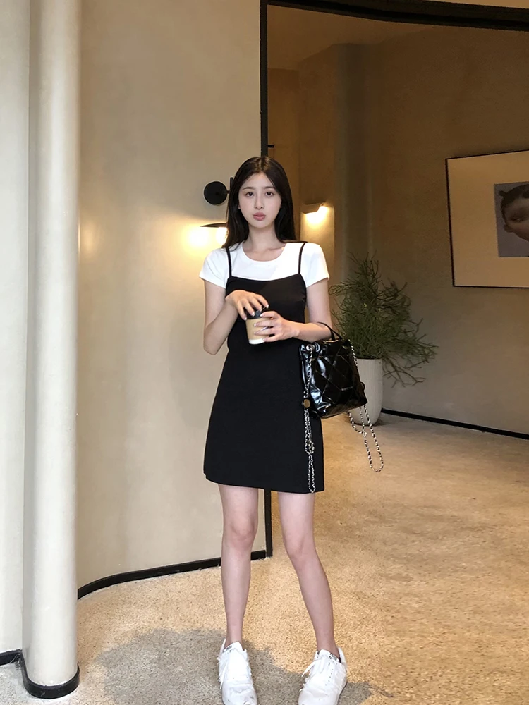 

Bla White Contrast Color Pure A-Line Women's Dr Summer ort Sve High Waist round Ne Polyester Fiber Casual Sle