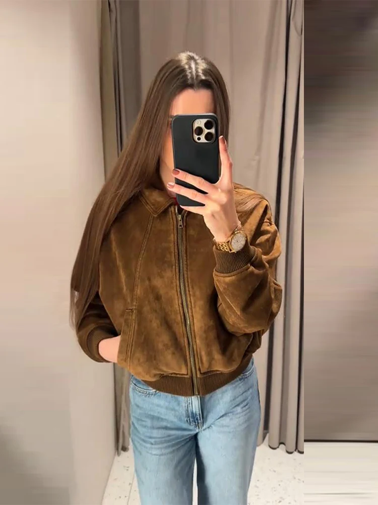 

Женская замшевая куртка-бомбер на молнии с отложным воротником, весенняя повседневная верхняя одежда в уличном стиле, женская одежда для повседневной носки