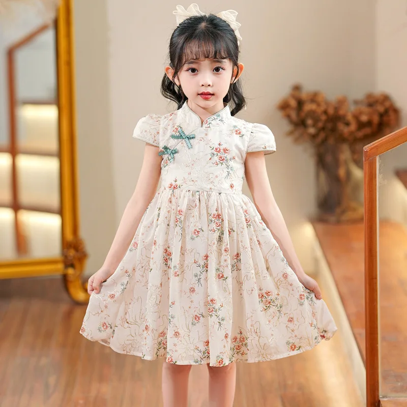 

Girls' Cheongsam Dress Summer New Children's Stylish Chinese Style Tang Suit Girl's Chiffon Princess Dress