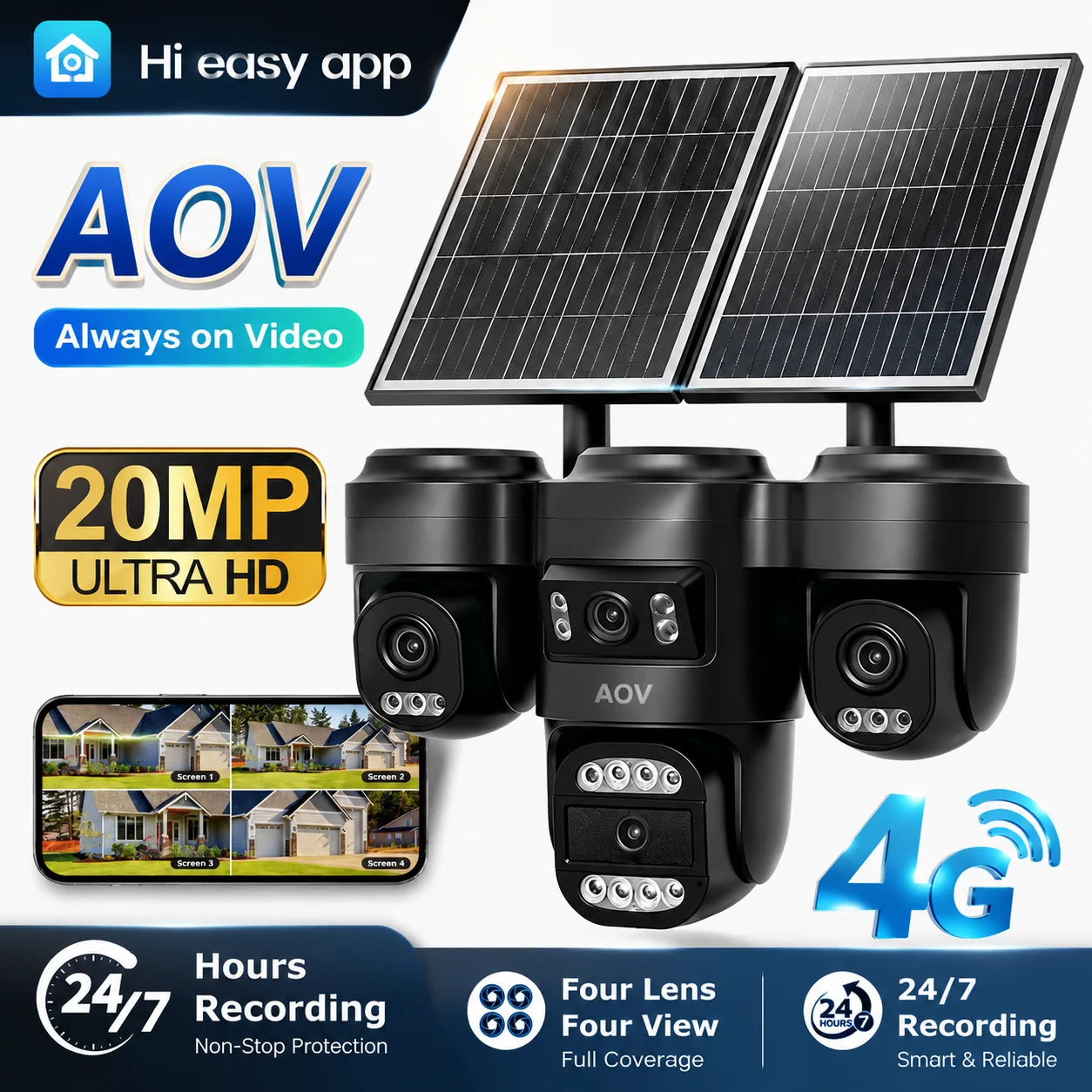 SECTEC 4G/WiFi Solar Camera AOV 4 Lens 20100mAh Battery 14W Solar Panel Human Detection  Automatic Tracking 20MP PTZ Camera IP66