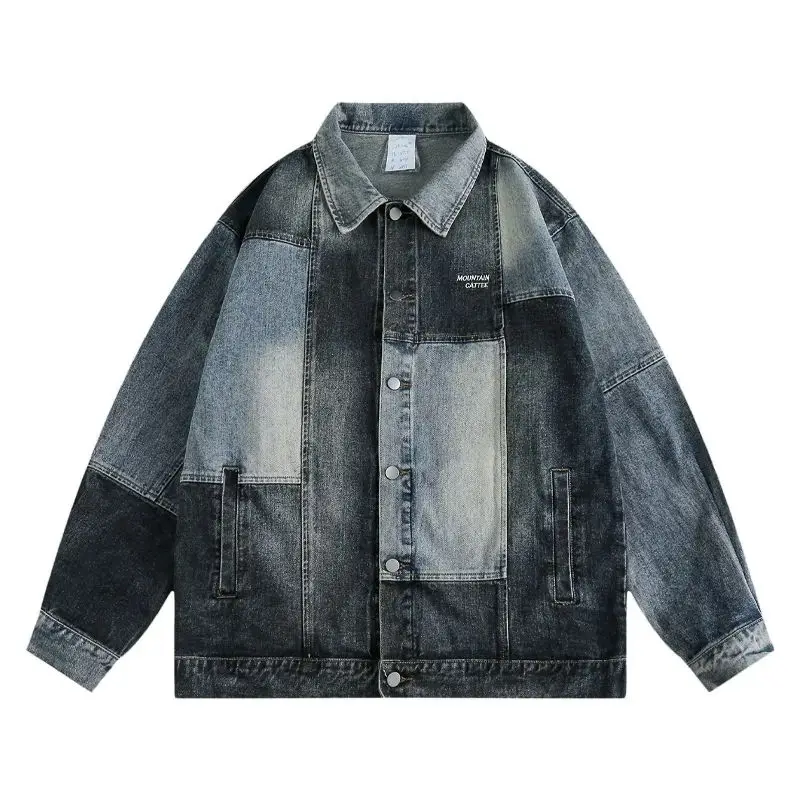 

Свободная джинсовая рабочая одежда в стиле пэчворк, мужская модная осенне-зимняя верхняя одежда, повседневное пальто с отложным воротником