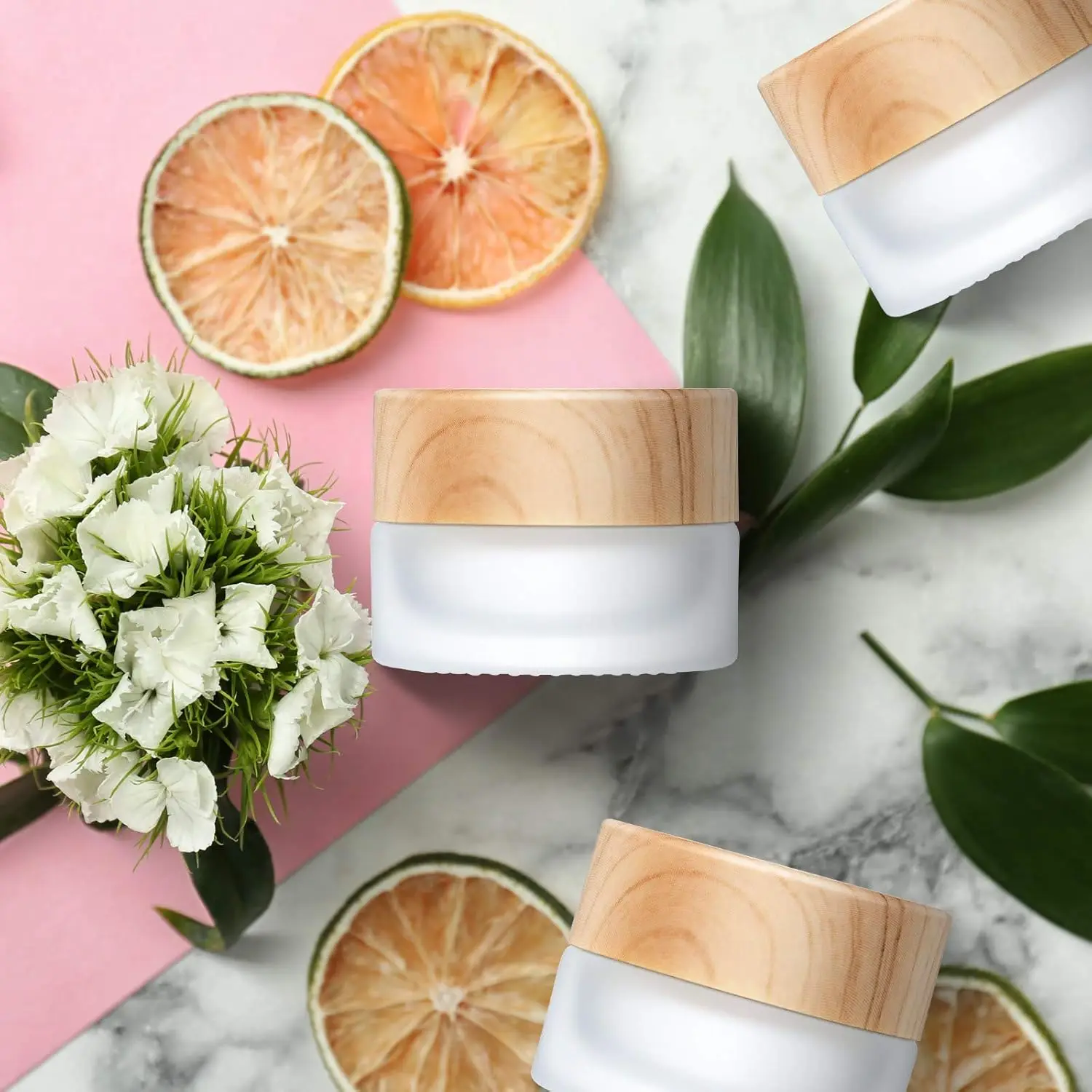 Barattoli di vetro smerigliato da 10 pezzi con coperchi in legno Contenitore cosmetico per crema a prova di perdite Bottiglia di stoccaggio riutilizzabile Fiala da viaggio portatile