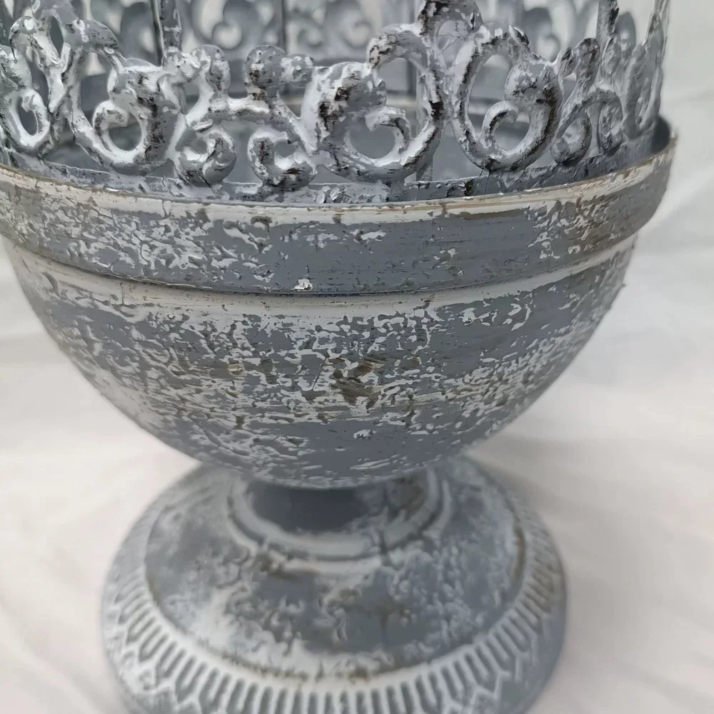 Decorative Bird Cage Planter Stand, Gray Metal, Vintage Distressed Finish, Iron Construction, Freestanding Garden Decor