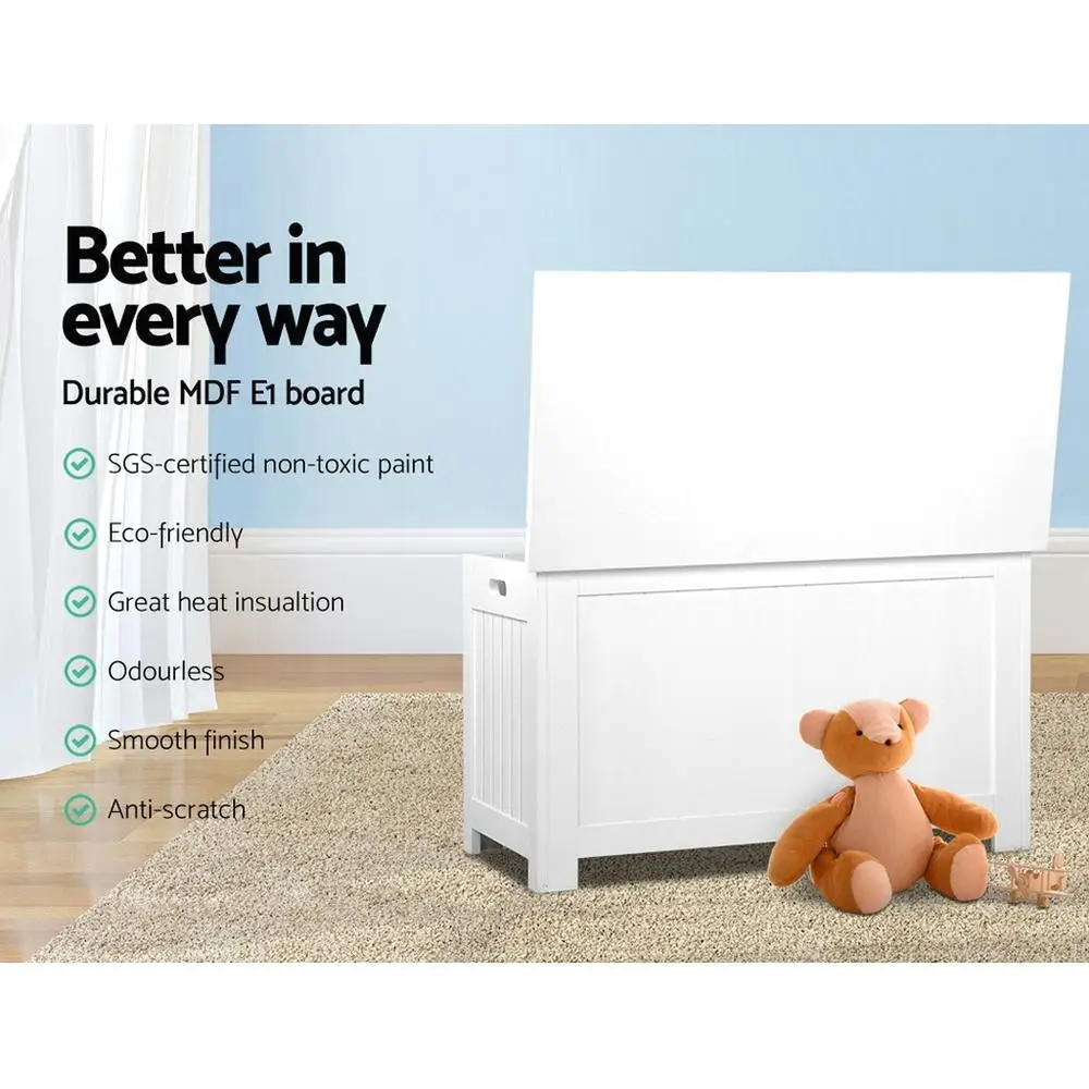 &Kids Toy Box Storage Chest Blanket Clothes Organizer White Children Room Furniture Bench Seat with Safety Hinged Lid and Large