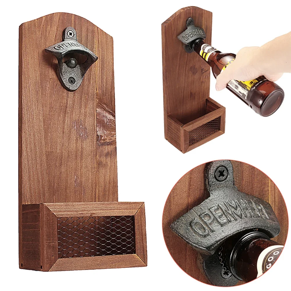 Vintage Bottle Opener Wooden Wall Mounted Beer Bottle Opener with Cap Catcher for Beer Lovers Household Kitchen Bar Tools