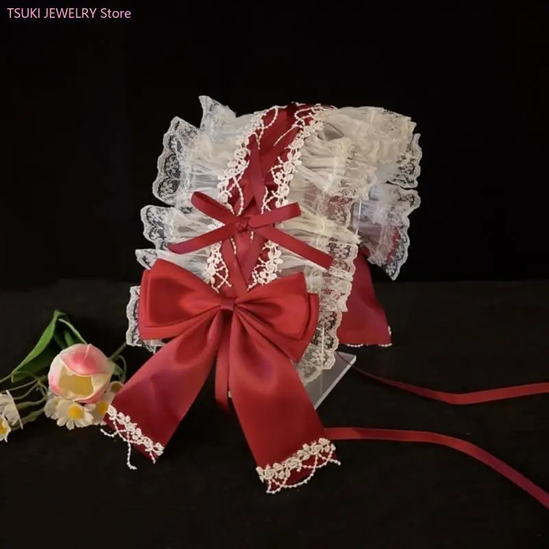 62KE Stijlvolle Lolita-hoofdband Gegolfd kant en strik Hoofddeksels Verstelbare haarbandaccessoire voor en feestkleding