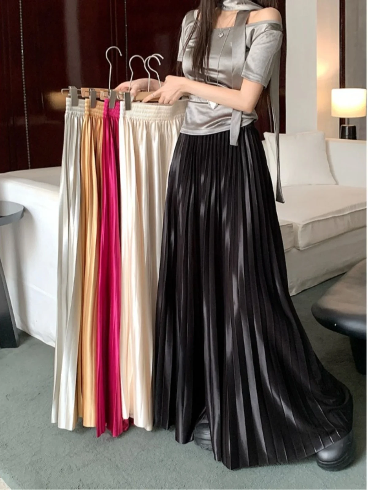 

Women's Elegant Acetate Satin Pleated Long Skirt Lady Spring Summer Solid Color High Waist A Line Umbrella Skirt