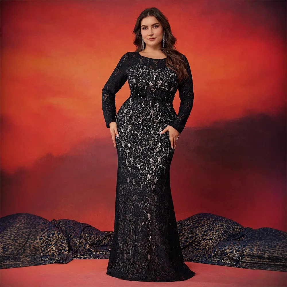 Middle East European Large Size Color Collision Design round Neck Long Sleeve Elegant Gorgeous Cocktail Party Dinner Dress