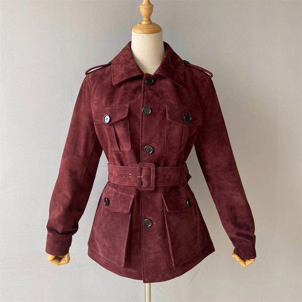 

Jxwatcher Women's Genuine Suede Leather Jacket Belt Slim Medium Style Real Leather Coat 2025 Autumn Winter New Design Outerwear
