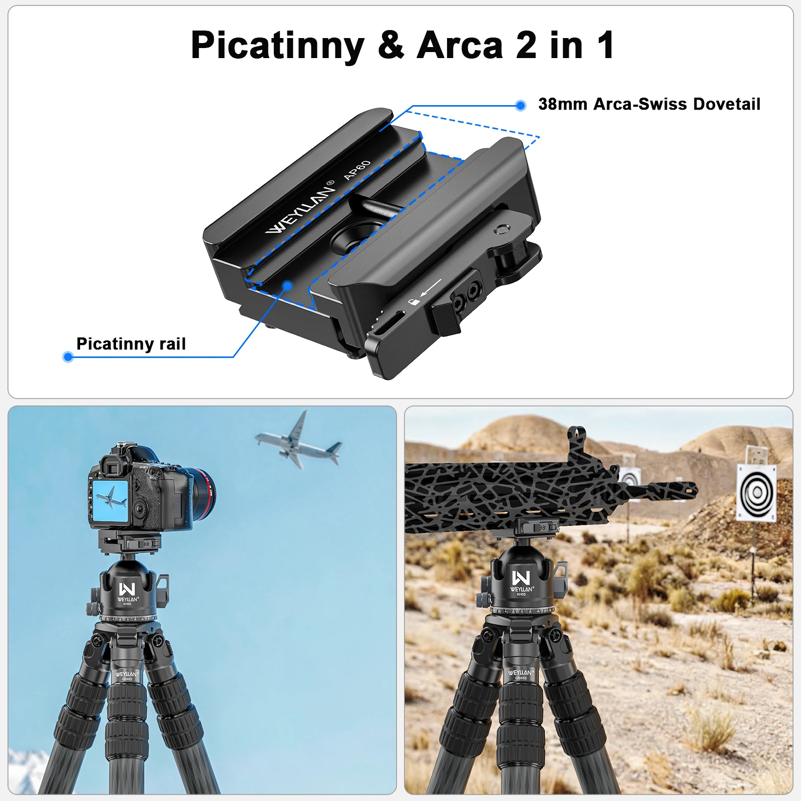 WEYLLAN AP60 Quick Release Clamp 2-in-1 Arca-Swiss & Picatinny Adapter with Safety Lock Anti-Recoil Anti-Shift QD Socket