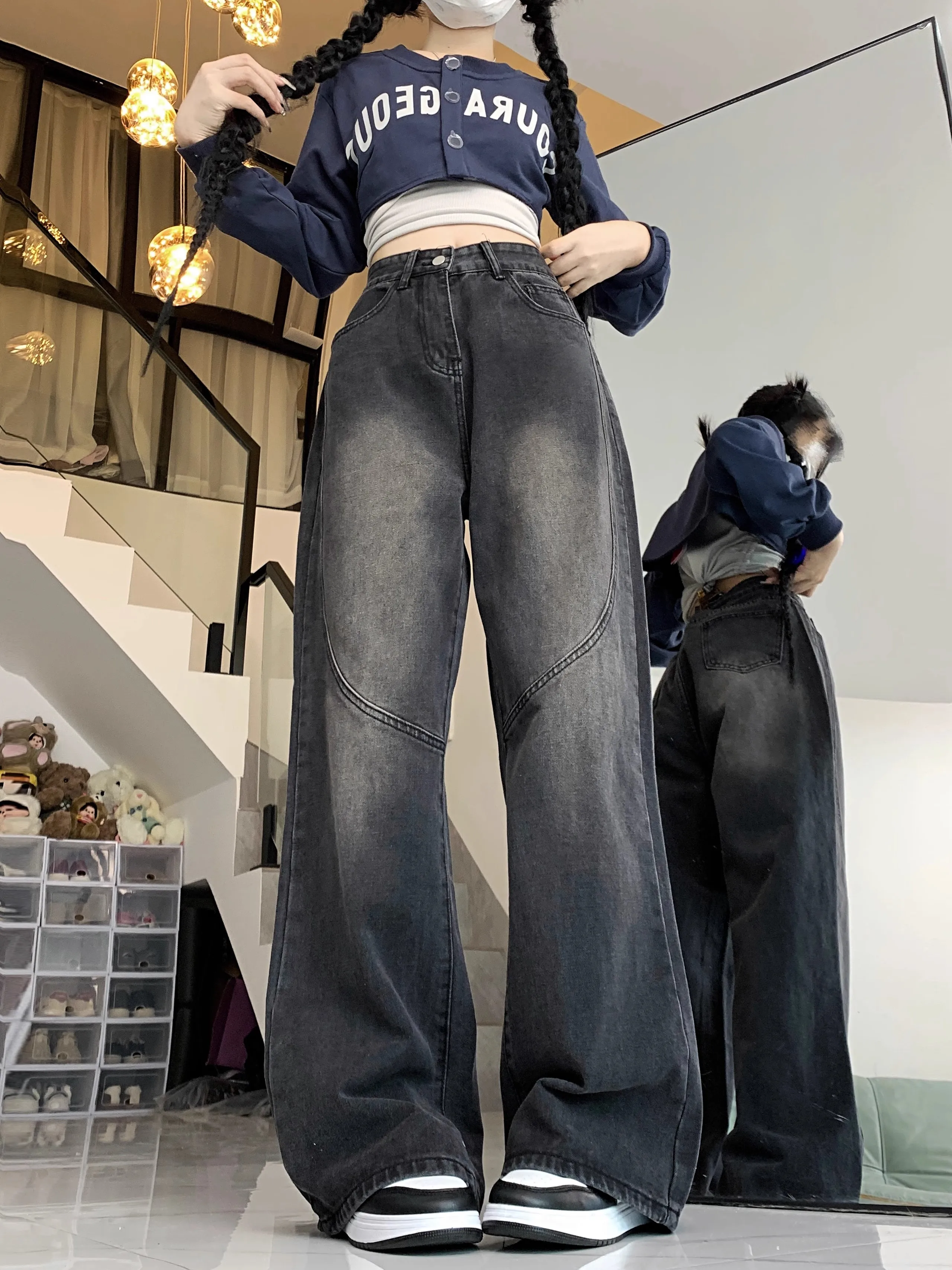 

High Street Vintage Simple Washed Denim Jeans All-match Loose Straight Wide Leg Pants Y2k Aesthetic Punk Pantalones Mujer