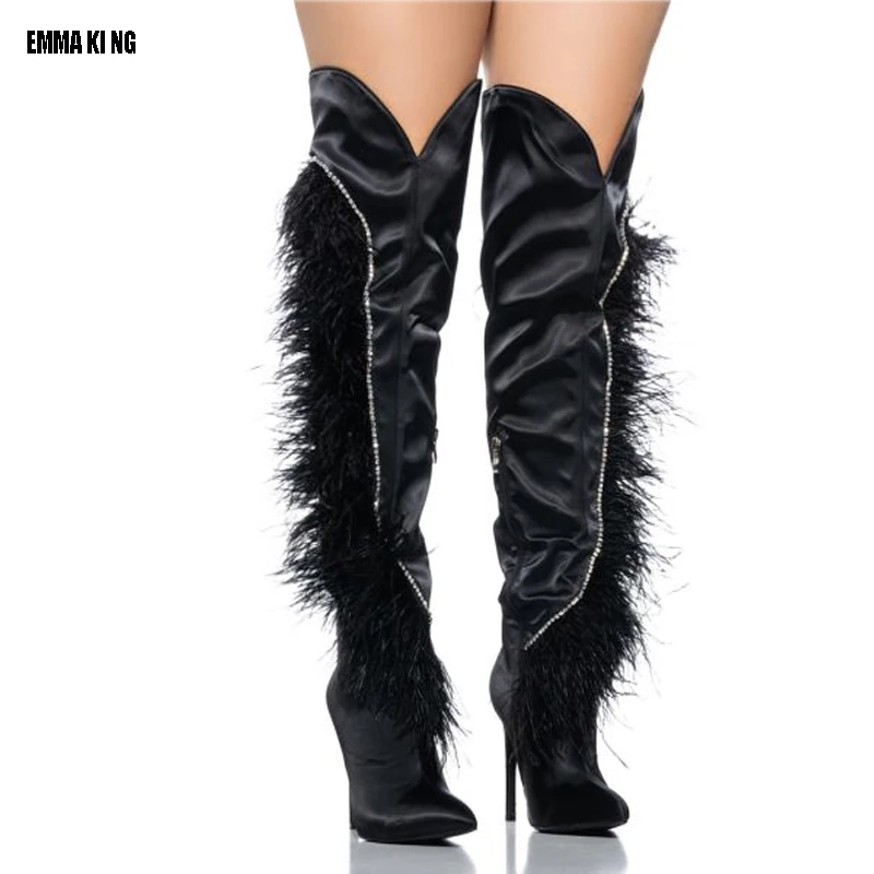 

Black fashion Over The Knee Boots Women Crystal High Heels Shoes Ladies Thigh High Boots Winter fur Decor Long Boots Female 44