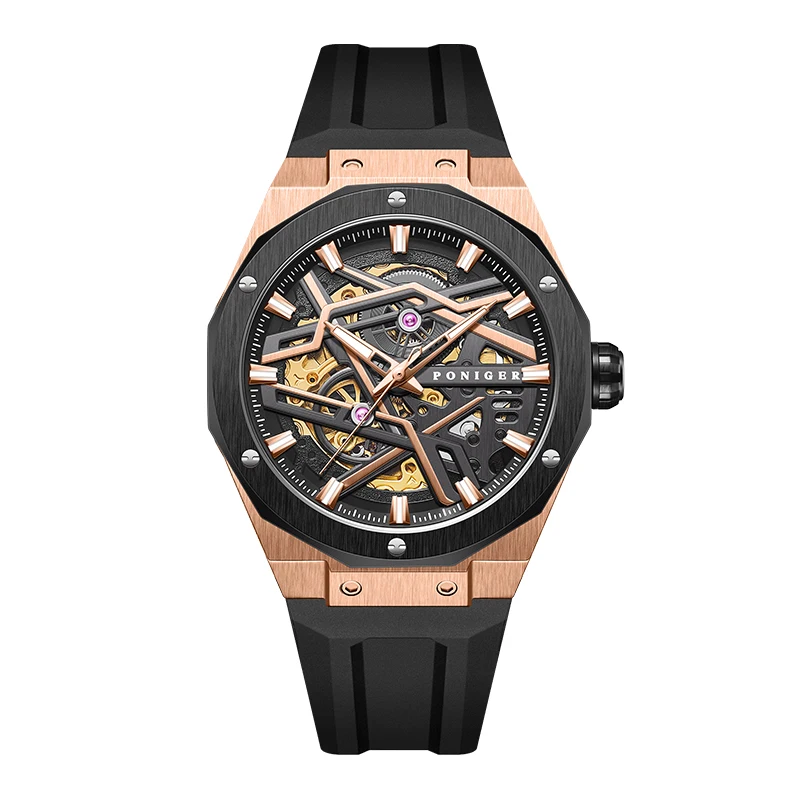 PONIGER Orologio automatico da uomo 42mm Orologio da polso meccanico sportivo Zaffiro luminoso 5ATM Quadrante scheletrato impermeabile Cinturino in caucciù