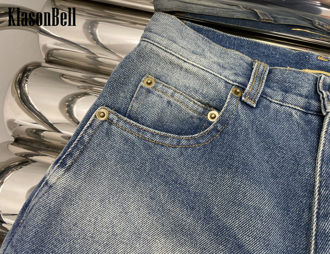 KlasonBell-Jean Délavé Vintage pour Femme, Taille Haute, Droit, Évasé, Sans Ceinture, 6.2