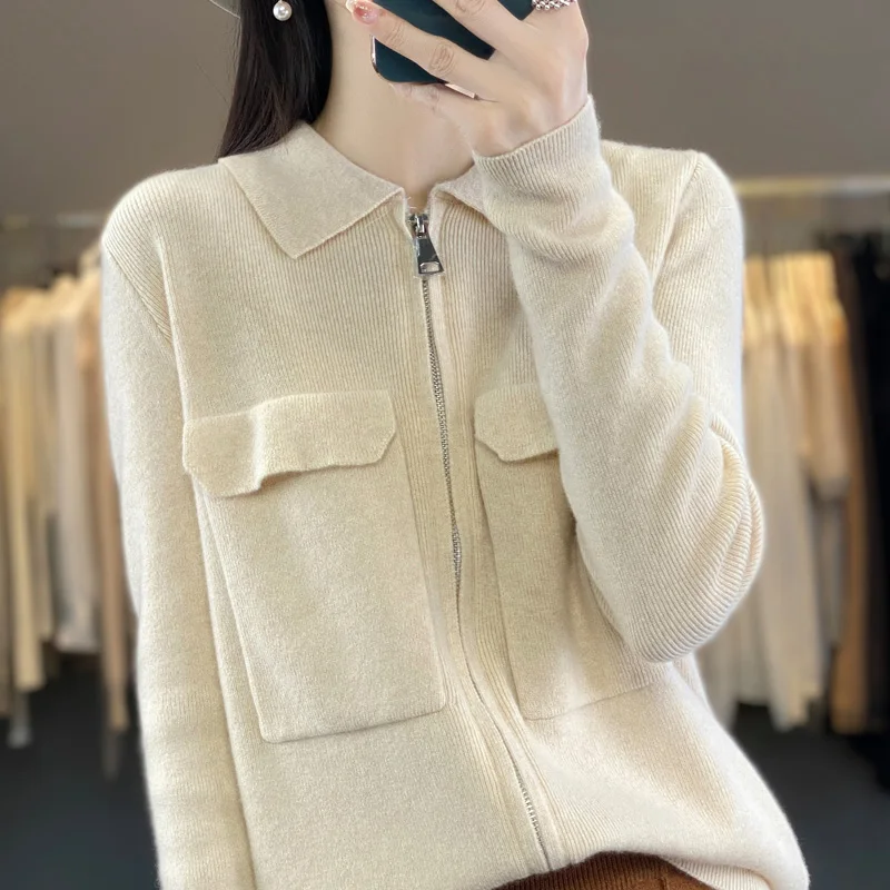 

Autumn and Winter New Wool Cardigan Women's Polo Sweater Solid Color Knitted Loose Full Sleeve Short 100% Australian Wool Sweate