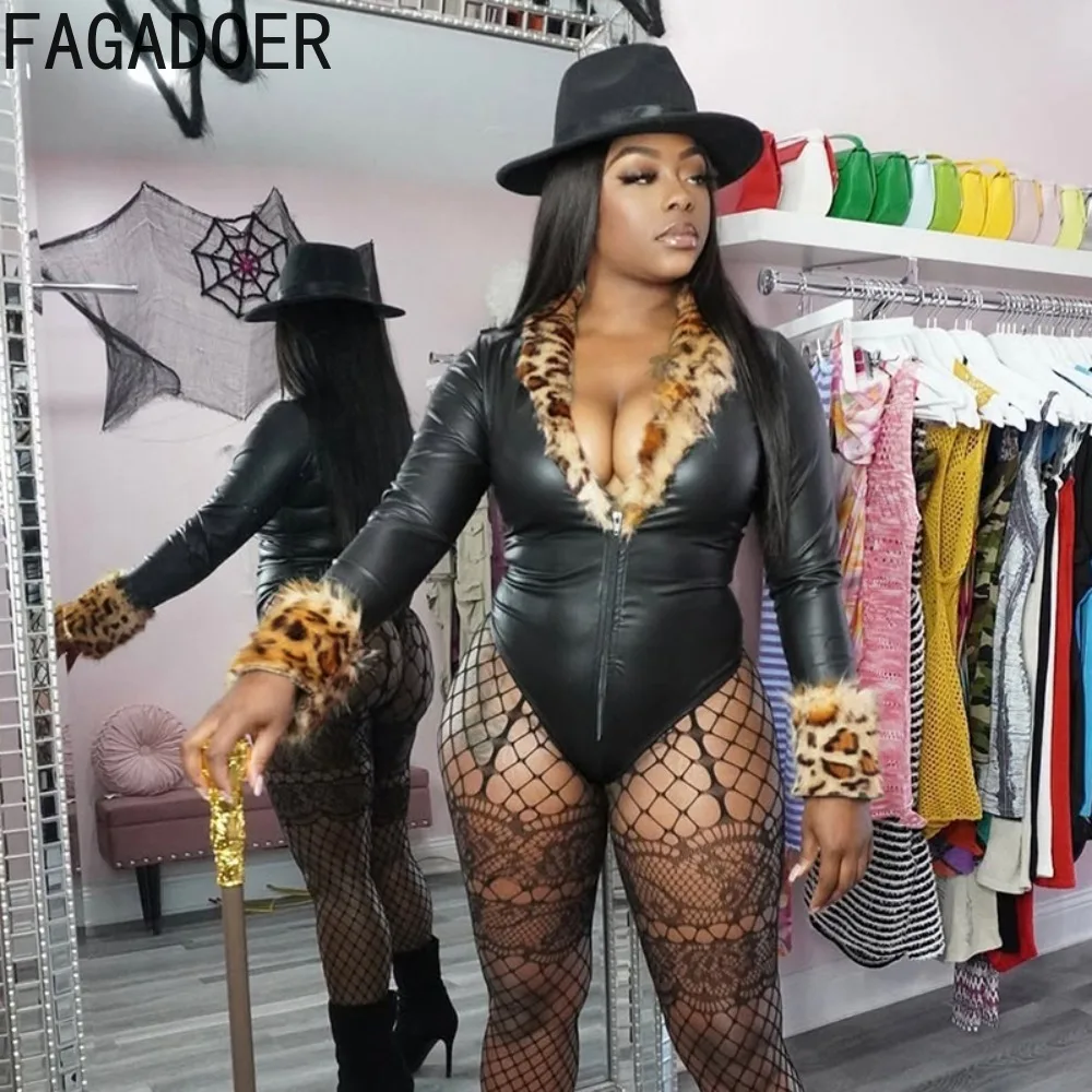 FAGADOER, peleles sexis de piel de cuero con retales para mujer, monos de manga larga con cuello en V profundo y estampado de leopardo, ropa para discoteca para mujer, monos nuevos