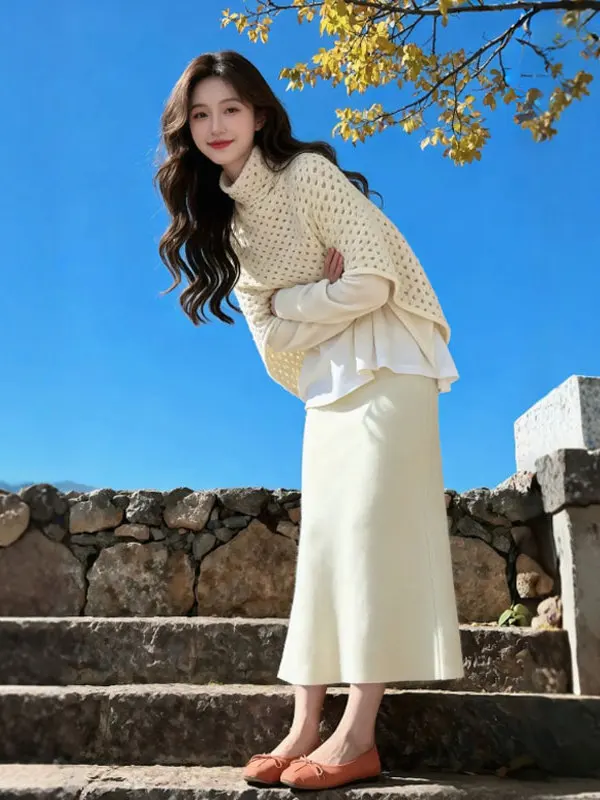 

Faionable Hollow out oulder Wrap Top And Skirt Set Tee Piece Set Anti Aging Whole Outfit Design Sensation Autumn Wear