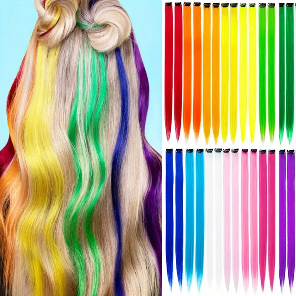 1-delige Clip In Haarverlenging 22Inch Lang Bot Rechte Synthetische Pruiken Haarstukjes Y 2K Regenboog Cosplay Pruiken Extensions