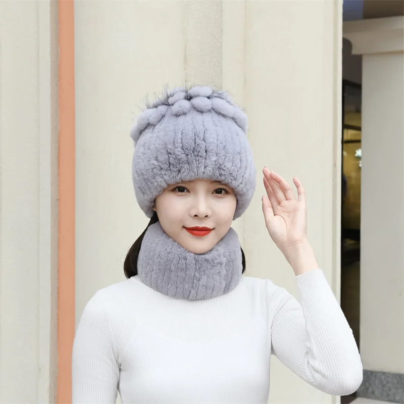 Winter Real Rex Rabbit Fur Hat Scarf Sets Women Knitted Thick Real Rex Rabbit Fur Cap Scarves Outdoor Warm Lady 100% Natural Fur