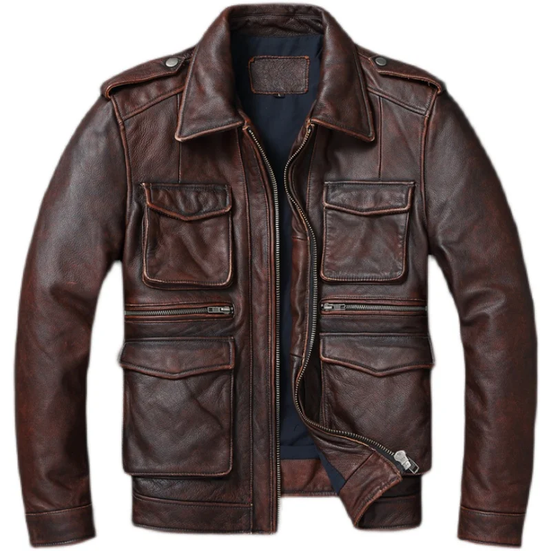 

Vintage Red Brown Genuine Leather Jacket Men Soft Real Cowhide Black Winter Coat Biker Jackets Jaqueta Masculina De Couro