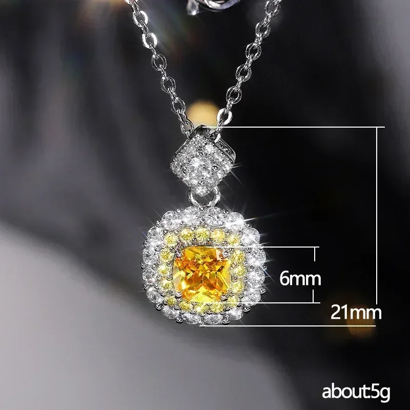 Princess Square Diamond Pink Cluster Zircon Pendant Necklace Women Fashion Versatile High Quality Yellow  Crystal