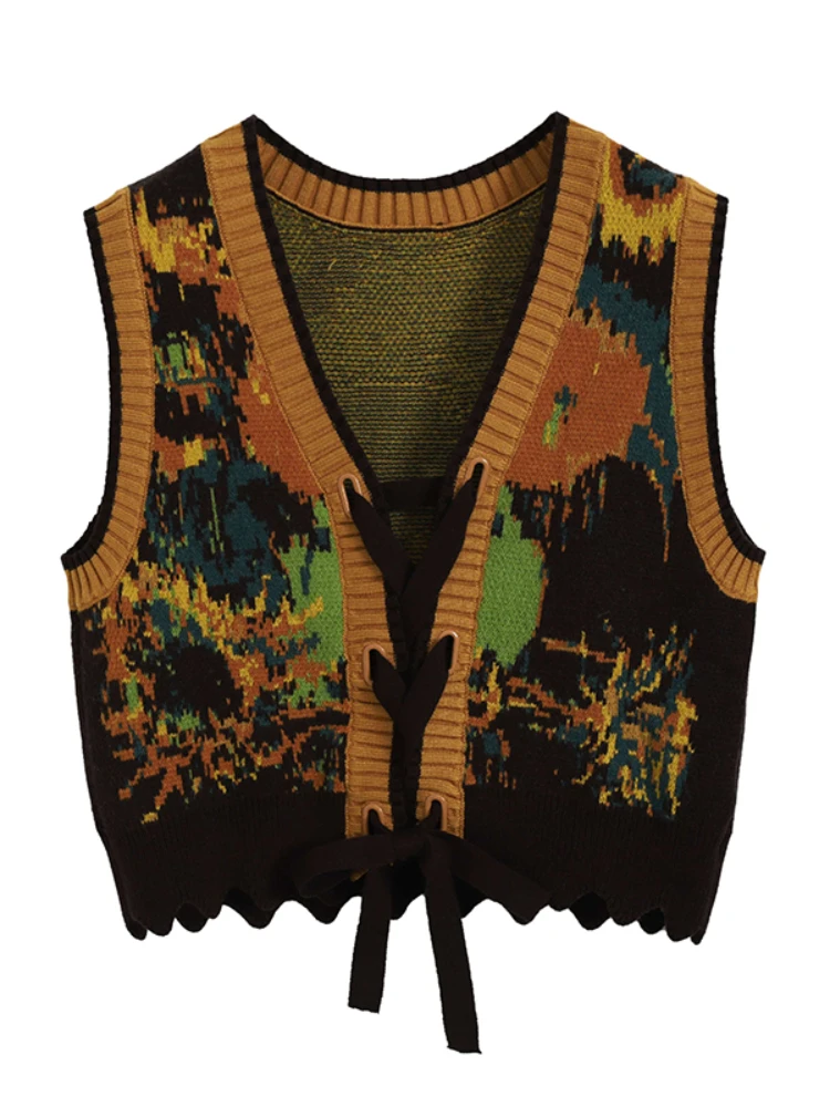 Korobov Vintage Oil Painting V-neck Knitted Vest New Cardigan Sweater Small Vest Woman Vintage Fashion Chalecos Para Mujeres