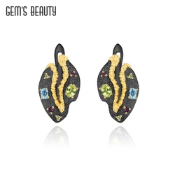 GEM'S BEAUTY Real 925 Sterling Silver Natural Gemstone Fashion Unusual Earrings For Women Fine Jewelry Design Black Plated