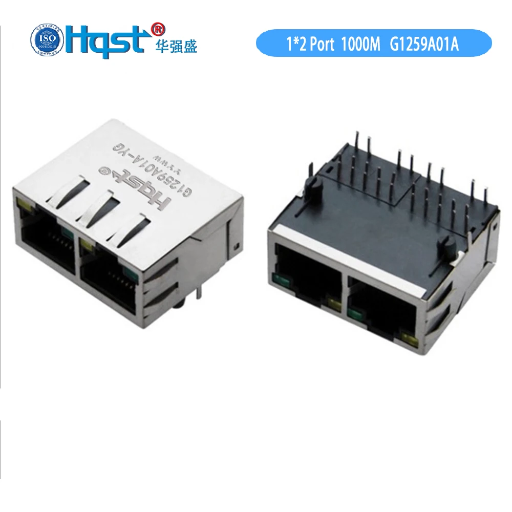 Hqst G1259A01A-GY Dual-port 10P10C RJ45 connector with 100/1000 Base-T magnetic module with LED and shielded shell