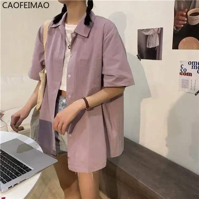 Shirts Women Short Sleeve Solid Bf Loose Turn Down Collar College Simple Stylish All-match Harajuku 2025 Summer Tops Clothing