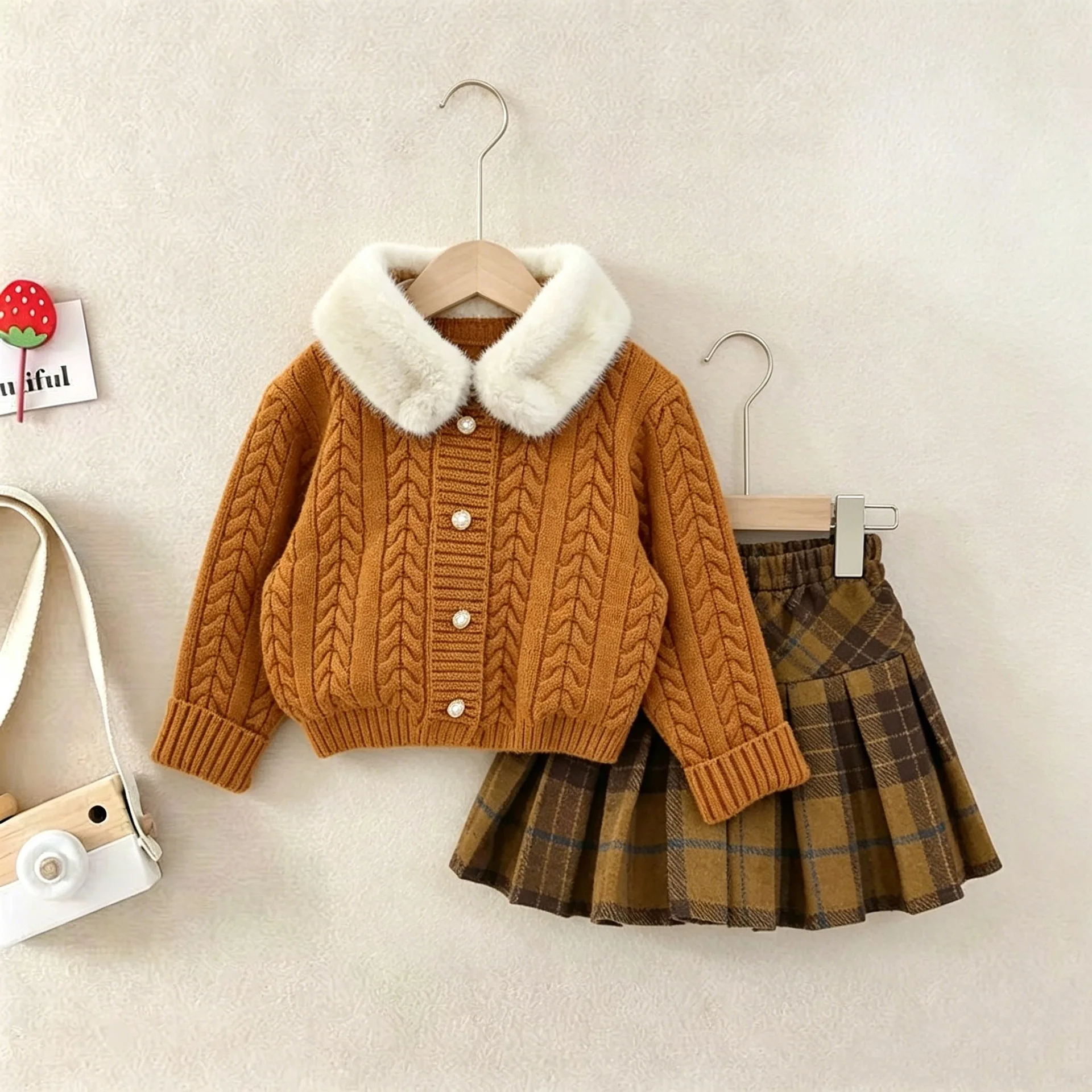 Toddler Girl Clothes Set Faux Fur Collar Knit Cardigan Sweater & Plaid Pleated Skirt Woolen 2pcs Preppy Style Outfit Fall Winter