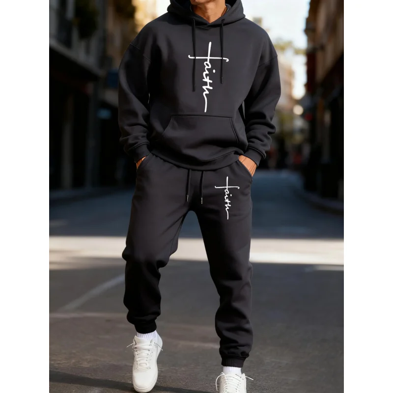 

Мужской спортивный комплект с принтом Faith Letter: классический худи и теплые свободные спортивные брюки, осенний повседневный комплект из 2 предметов