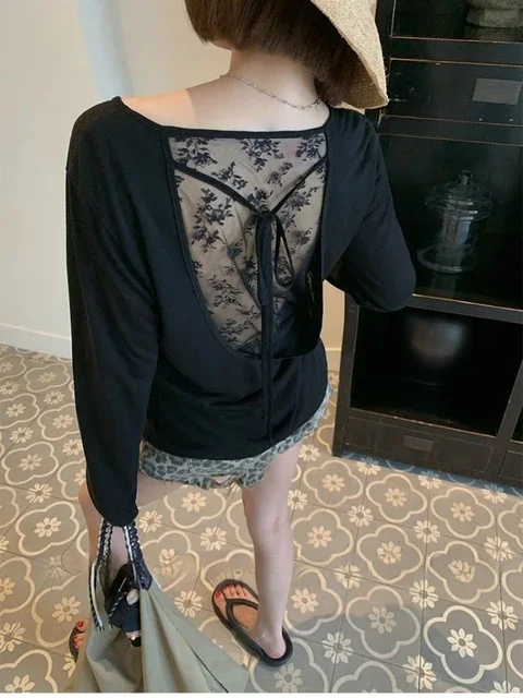 Tシャツ女性服パッチワークレースセクシーな Tシャツ韓国 Camisetas 包帯背中の開いたシックな夏 Y2k Tシャツ Ropa Mujer