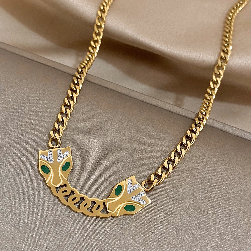 DODOHAO 316L Stainless Steel Punk Style Double Leopard Head Pendants & Necklaces for Women Fashion Brand Cheetah Animal Jewelry