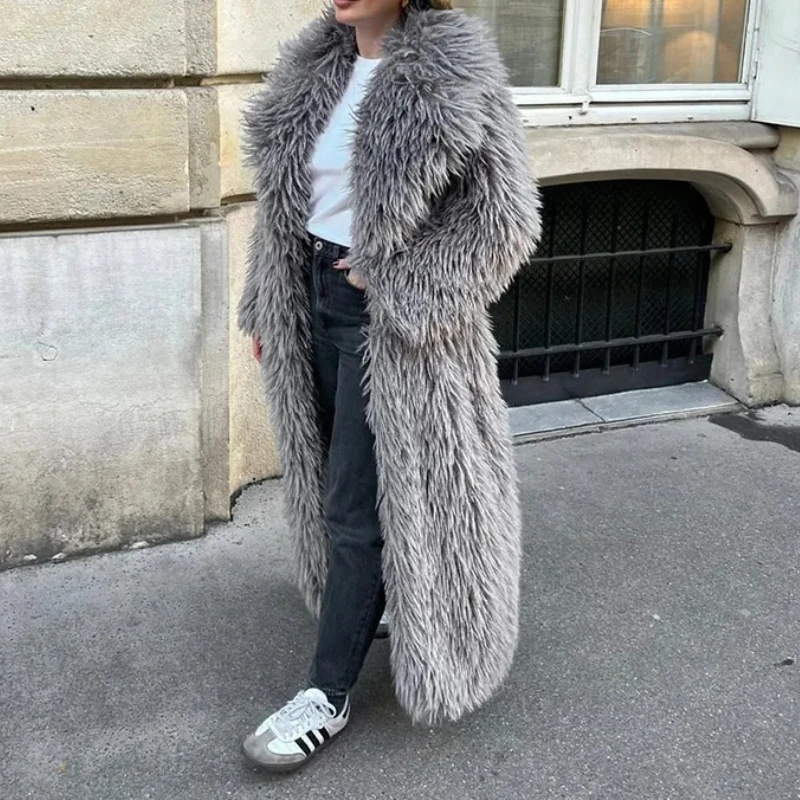 Mantel Bulu Imitasi Panjang Wanita Y2k Mantel Tebal Hangat Berbulu Kerah Lipat Y2k Jaket Streetwear Elegan Musim Gugur Musim Dingin Jaket Maxi