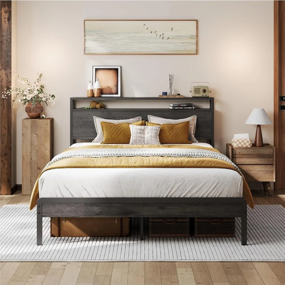 

Full Bed Frame with Headboard, Dark Wood Camas Full with Strong Supports, Sturdy, Noise-Free, No Box Spring Needed, Char