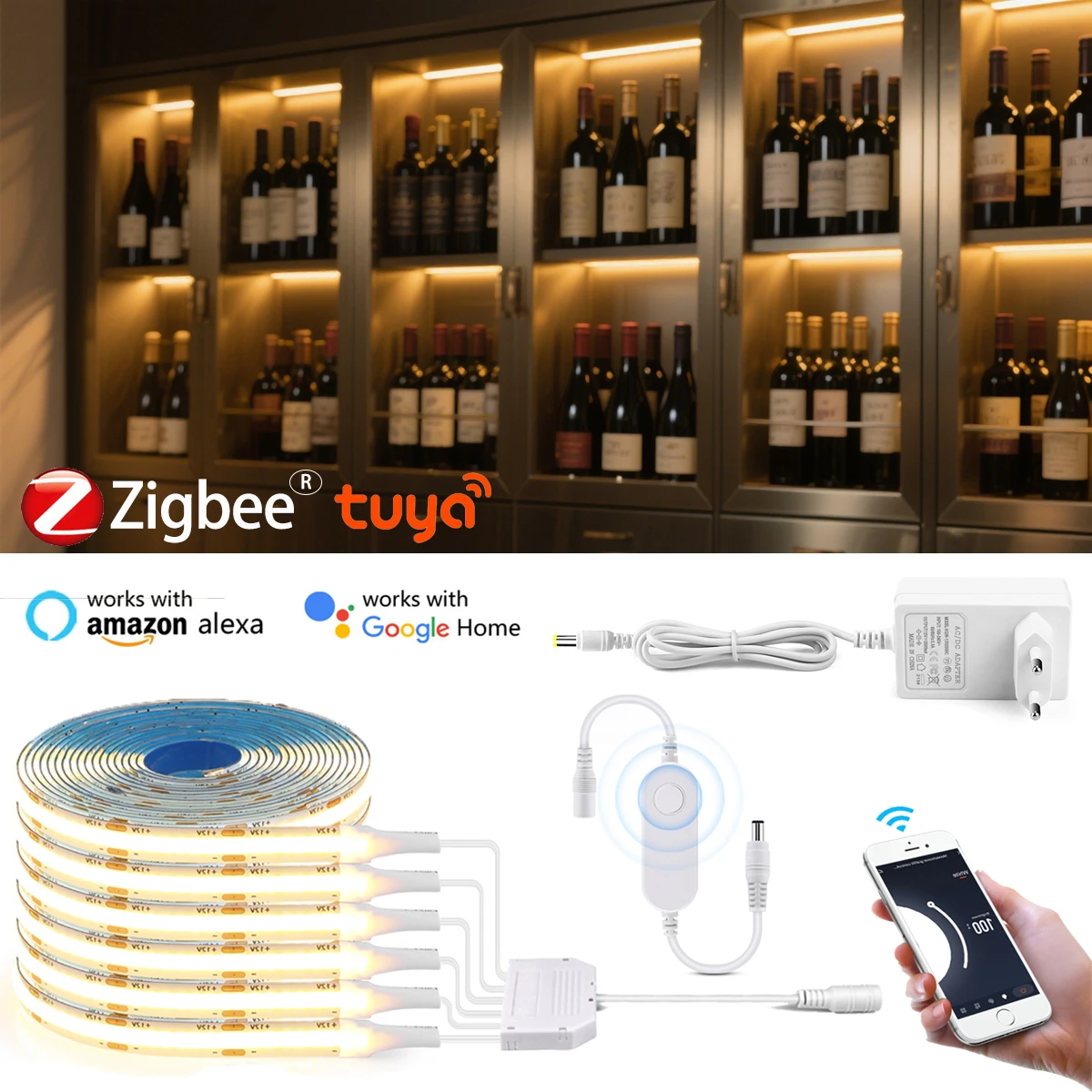 

12 В COB светодиодные ленты Smart Zigbee Tuya APP Control Кухня Коллекционный винный шкаф DIY Декор Освещение Лента Настройка голосового времени