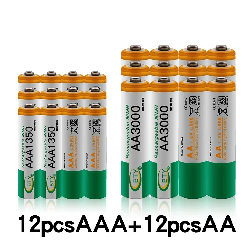 100% New 1.2V AA 3000mAh NI-MH Rechargeable Batteries+AAA battery 1350 mAh Rechageable battery NI-MH 1.2 V AAA battery