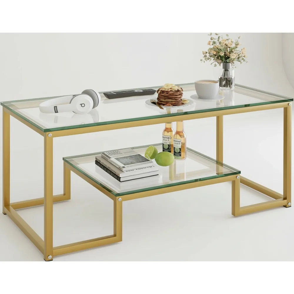

Modern Gold Glass Coffee Table 2-Tier Rectangle Living Room Center Table Sturdy Metal Frame