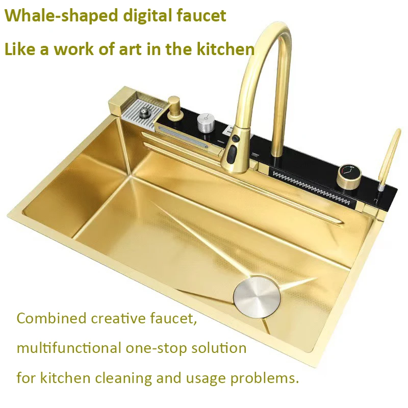 

Golden Whale Large Single Kitchen Sink Stainless Steel Honeycomb Embossed Waterfall Intelligent Digital Display Luxury Design