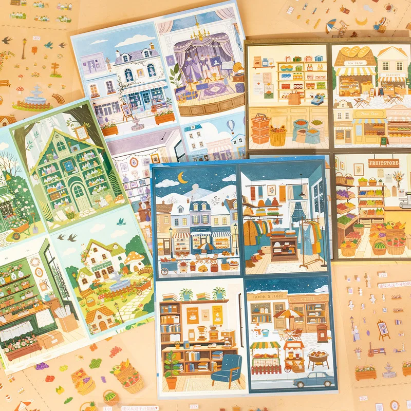 2Pcs PET Street Scene Build‑a‑scene Stickers, Bakery Fruit Shop House Decals for Journal Collage Supplies